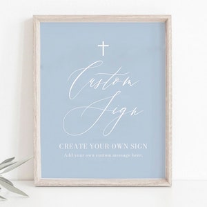 Modèle de signe personnalisé de baptême bleu poussiéreux modifiable, signe personnalisé de baptême bleu poussiéreux de croix blanche, signe personnalisé imprimable de première communion de garçon