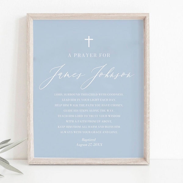 Dusty Blue Baptism Prayer Sign Template, Dusty Blue White Cross Christening Personalized Prayer Sign Baby Boy Baptism gift Boy Baptism Decor