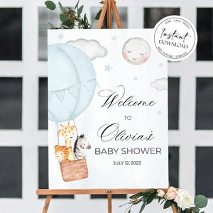 Editable Up Up and Away Hot Air Balloon Boy Blue Baby Shower Welcome Sign Template, Blue Baby Boy Shower Welcome Poster INSTANT DOWNLOAD