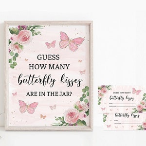 Guess How Many Butterfly Kisses Baby Shower Game, Printable Pink Gold Girl Butterflies Baby Shower Activity Guess How Many, Instant Download