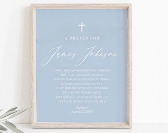 Dusty Blue Baptism Prayer Sign Template, Dusty Blue White Cross Christening Personalized Prayer Sign Baby Boy Baptism gift Boy Baptism Decor