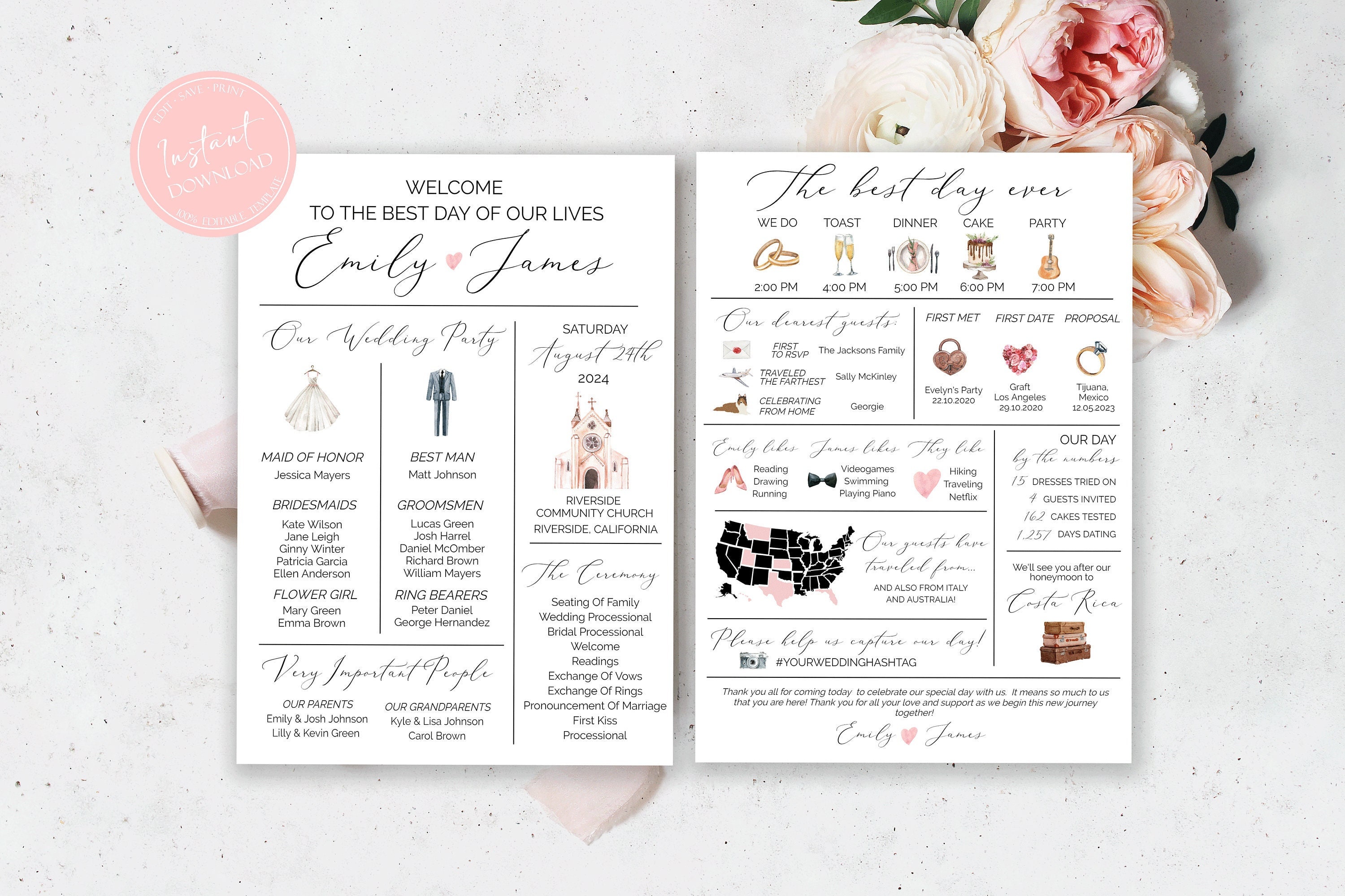 Infographic Wedding Program, Unique Wedding Program, Fun Wedding Program, Wedding Timeline Template, Modern Program, Funny Wedding Program