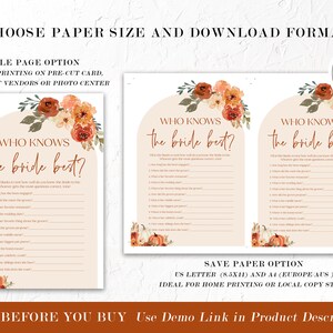 Pu&ograve; includere: Stampabili di giochi per l'addio al nubilato a tema autunnale. Il design presenta il testo "Who Knows the Bride Best?" in un carattere elegante, con illustrazioni floreali e di zucche. Disponibile in opzioni a pagina singola e risparmio di carta.