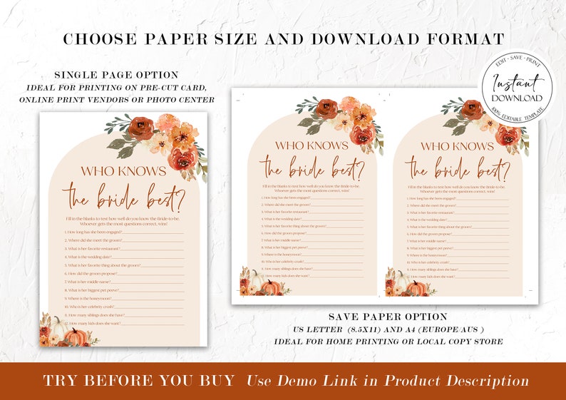 Pu&ograve; includere: Stampabili di giochi per l'addio al nubilato a tema autunnale. Il design presenta il testo "Who Knows the Bride Best?" in un carattere elegante, con illustrazioni floreali e di zucche. Disponibile in opzioni a pagina singola e risparmio di carta.