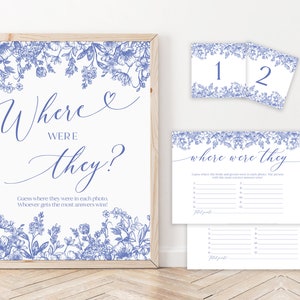 Blue Floral Where Were They Bridal Shower Game Template Victorian Blue Bachelorette Game Printable Blue Vintage Floral Couples Photo Game B3