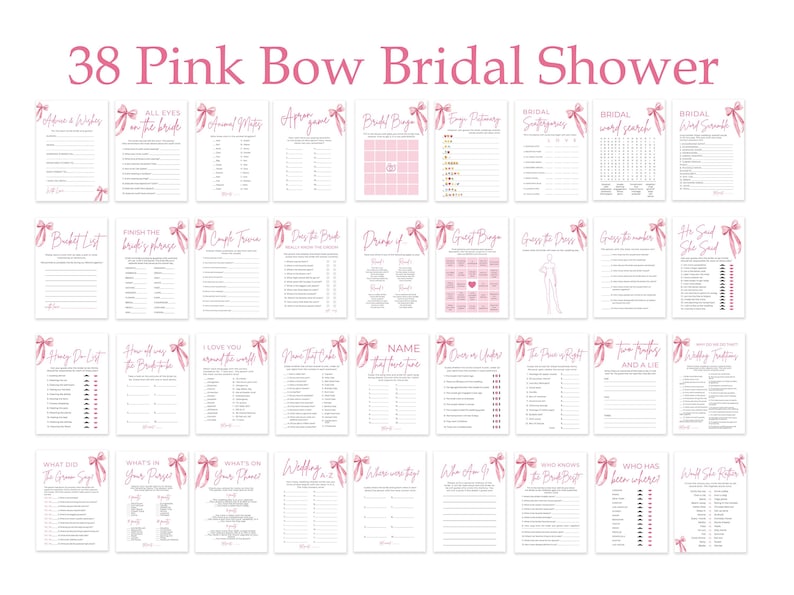 She's Tying the Knot Bridal Shower Games, Pink Bow Bridal Shower Game Bundle, Printable Pink Ribbon Bow Bridal Party Games Package TK1