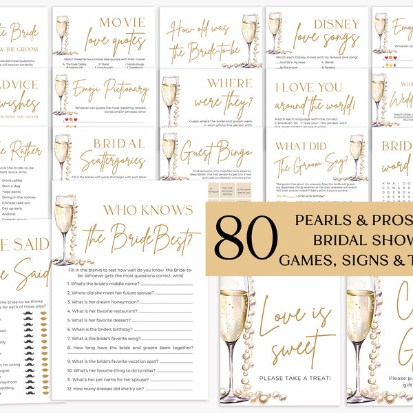 Pearls and Prosecco Bridal Shower Games, Minimalist Pearls & Prosecco Bridal Shower Game Bundle, Printable Bridal Party Games Package PP2