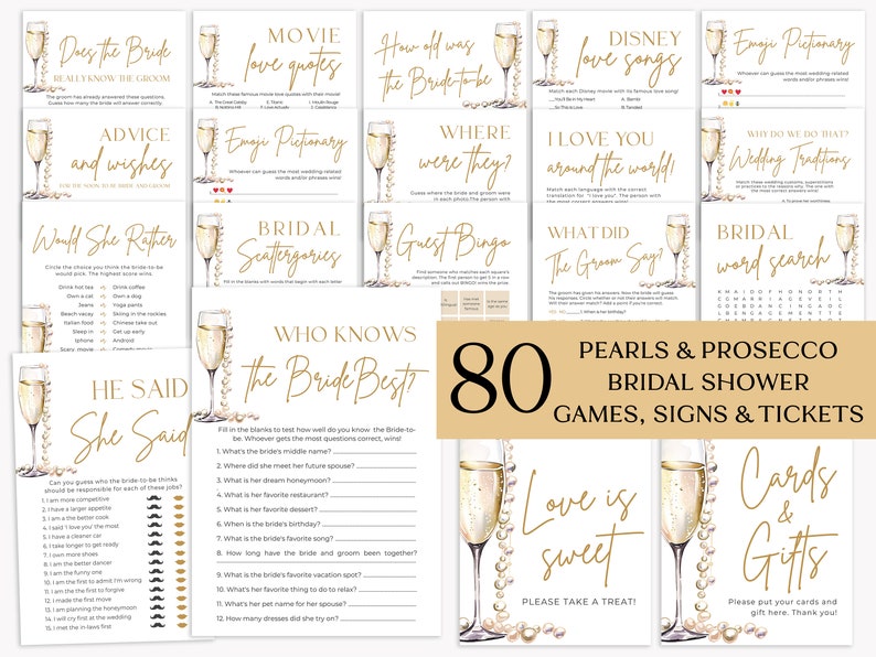 Pearls and Prosecco Bridal Shower Games, Minimalist Pearls & Prosecco Bridal Shower Game Bundle, Printable Bridal Party Games Package PP2 image 1