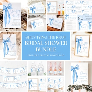 Puede incluir: Un paquete de imprimibles para una despedida de soltera en azul y blanco con diseños de lazos de acuarela. El paquete incluye invitaciones, tarjetas de agradecimiento, juegos, letreros y decoraciones. El texto "She's Tying the Knot Bridal Shower Bundle" aparece en el centro de la imagen.