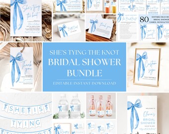 May include: A blue and white bridal shower printable bundle with watercolor bow designs. The bundle includes invitations, thank you cards, games, signs, and decorations. The text "She's Tying the Knot Bridal Shower Bundle" is featured in the center of the image.