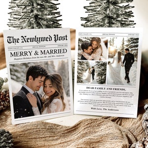 Plantilla de tarjeta fotográfica navideña con periódico Merry and Married, tarjeta imprimible minimalista para despedidas de soltera, tarjeta de agradecimiento de boda moderna