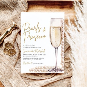 Plantilla de invitación para despedida de soltera con perlas y prosecco, invitación imprimible minimalista para despedida de soltera con perlas, despedida de soltera con perlas y prosecco PP1