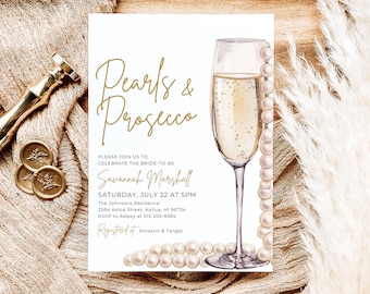 Pearls and Prosecco Bridal Shower Invitation Template, Printable Minimalist Pearl Bridal Shower Invite, Pearls & Prosecco Wedding Shower PP1
