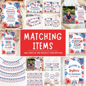 K&ouml;nnte beinhalten: Ein Set druckbarer Partydekorationen f&uuml;r eine erste Geburtstagsparty mit einem rot-wei&szlig;-blauen patriotischen Thema. Die Dekorationen beinhalten ein Willkommenszeichen, Banner, Cupcake-Topper, Lebensmitteletiketten, Dankesch&ouml;n-Etiketten und eine Zeitkapsel. Die Dekorationen zeigen Aquarell-Illustrationen von Feuerwerk, Sternen und einer Geburtstagstorte.