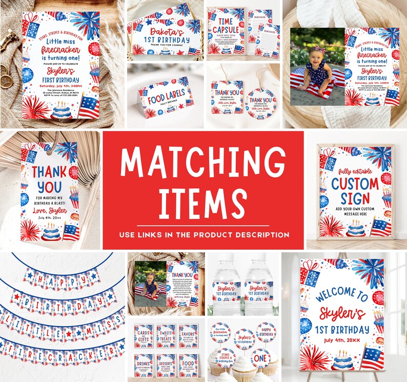K&ouml;nnte beinhalten: Ein Set druckbarer Partydekorationen f&uuml;r eine erste Geburtstagsparty mit einem rot-wei&szlig;-blauen patriotischen Thema. Die Dekorationen beinhalten ein Willkommenszeichen, Banner, Cupcake-Topper, Lebensmitteletiketten, Dankesch&ouml;n-Etiketten und eine Zeitkapsel. Die Dekorationen zeigen Aquarell-Illustrationen von Feuerwerk, Sternen und einer Geburtstagstorte.