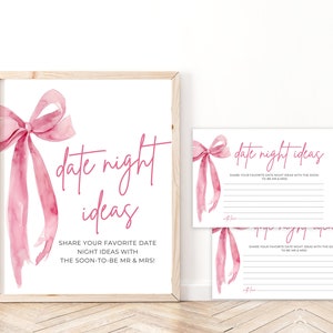 Plantilla de tarjeta para una cita con lazo rosa, imprimible, con lazo rosa, ideas para una cita coqueta, juego de letreros, "Ella se está casando", juegos para despedidas de soltera TK1