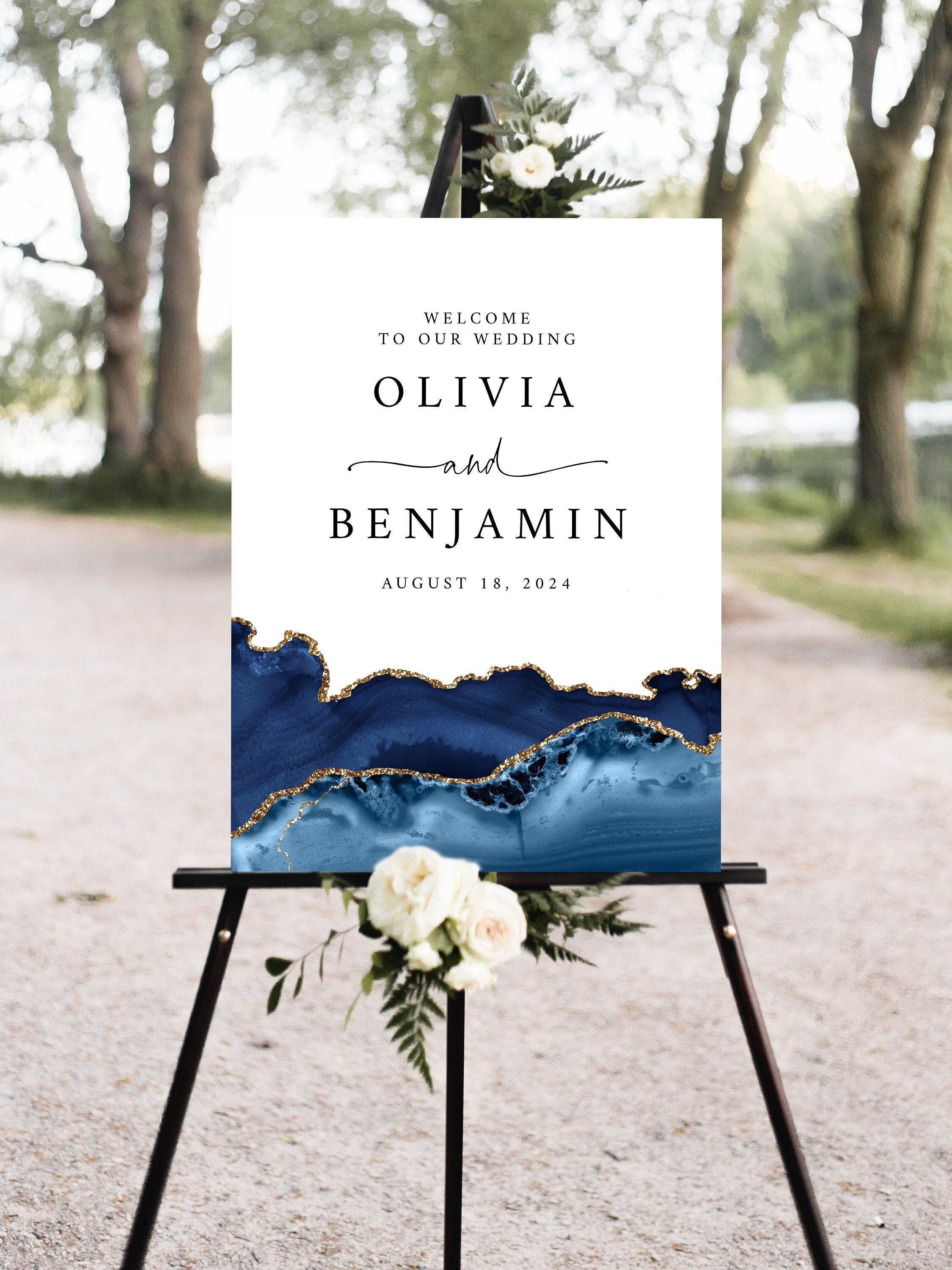 Navy Blue and Gold Agate Wedding Welcome Sign, Modern Agate Wedding Ceremony sign, Geode Navy Agate Wedding Welcome Poster Instant Download