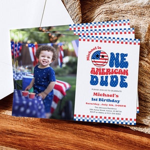 Editable 4th Of July 1st Birthday Party Invitation, One American Dude Photo Birthday Invite, Groovy Smiley Patriotic Independence Birthday