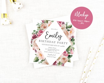 Square card mockup, Birthday Card Mockup, Birthday Party Invitation Mockup, Greeting card mockup, Party invitation mockup, Stationery mockup