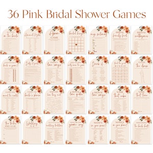 Pu&ograve; includere: Una collezione di 36 giochi per l'addio al nubilato rosa. Ogni carta da gioco presenta un design floreale con sfondo beige e parte superiore ad arco. I titoli includono "Indovina l'abito" e "Bingo nuziale".