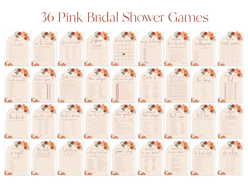 Pu&ograve; includere: Una collezione di 36 giochi per l'addio al nubilato rosa. Ogni carta da gioco presenta un design floreale con sfondo beige e parte superiore ad arco. I titoli includono "Indovina l'abito" e "Bingo nuziale".