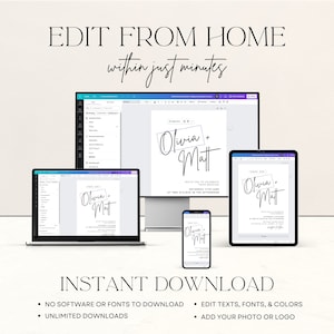 Op de afbeelding: Een digitale mockup die laat zien hoe je een huwelijksuitnodigingstemplate thuis kunt bewerken. De template heeft een eenvoudig ontwerp met de namen "Olivia + Matt" in cursief schrift. De tekst "Invite you to celebrate..." is ook inbegrepen. De afbeelding toont de template op een computerscherm, tablet en smartphone.