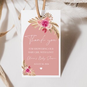 Pink Boho Baby Shower Favor Tag Template Editable Arch Pampas Grass ...