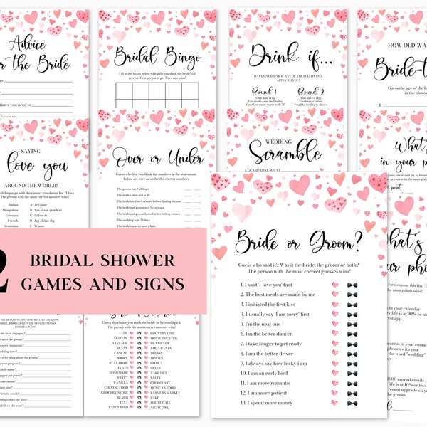 Love is in the air Bridal Shower Game Package, Editable Valentines Theme Bridal Shower Game Bundle Love Pink  Red Heart Bridal Shower Games