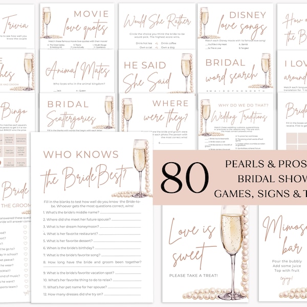 Pearls and Prosecco Bridal Shower Games, Minimalist Pearls & Prosecco Bridal Shower Game Bundle, Printable Bridal Party Games Package PP1