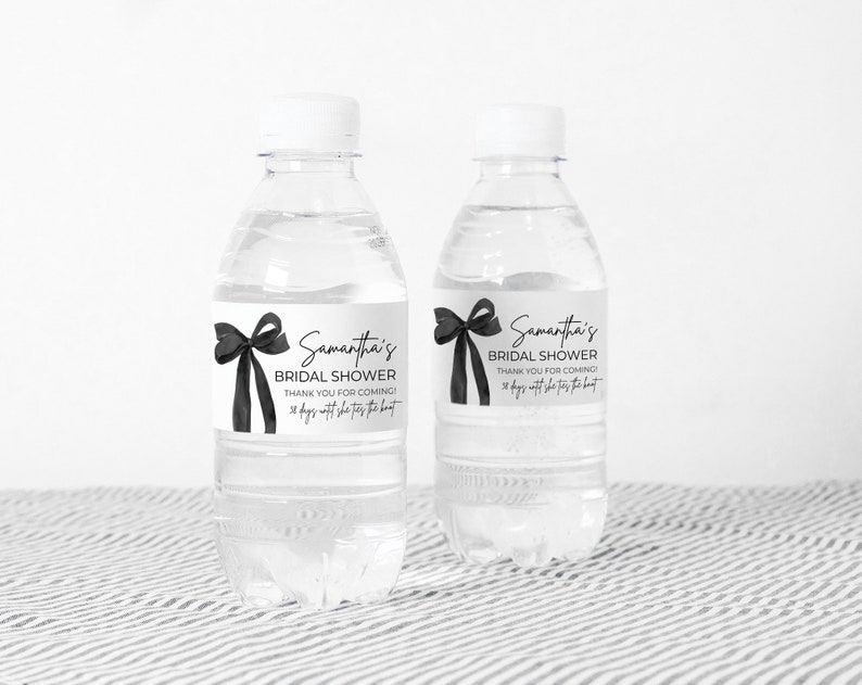 Black Bow Water Bottle Label, Editable She's Tying the Knot Bridal