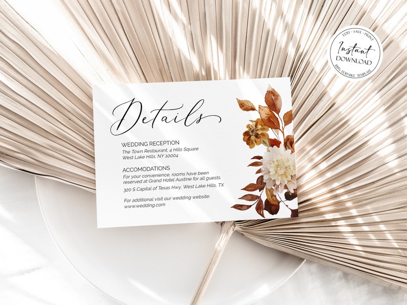 May include: A printable wedding details card with a watercolor floral design in shades of brown and white. The card includes information about the wedding reception at The Town Restaurant, 4 Hills Square, West Lake Hills, NY 10004, and accommodations at Grand Hotel Austine, 320 S Capital of Texas Hwy, West Lake Hills, TX. The card also includes a website address for additional information: www.wedding.com.