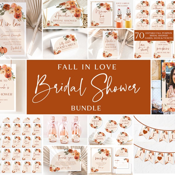 Fall Bridal Shower Invitation Bundle Printable Arch Boho Fall Pumpkin Bridal Shower Bundle Bridal Shower Games Fall in Love Bridal Shower F1