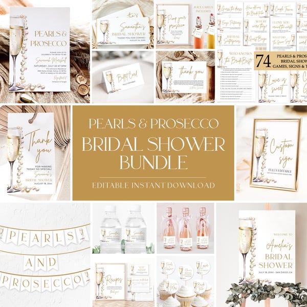 Pearls and Prosecco Bridal Shower Invitation Bundle, Champagne Pearls and Prosecco Games Bundle, Pearls & Prosecco Bridal Shower Decor PP2