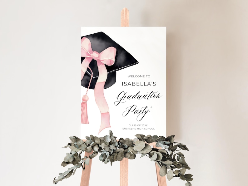 Pink Bow Graduation Cap Graduation Welcome Sign, Class 2025 Graduate Pink Coquette Grad Party Poster, High School Grad Party Welcome Sign G1