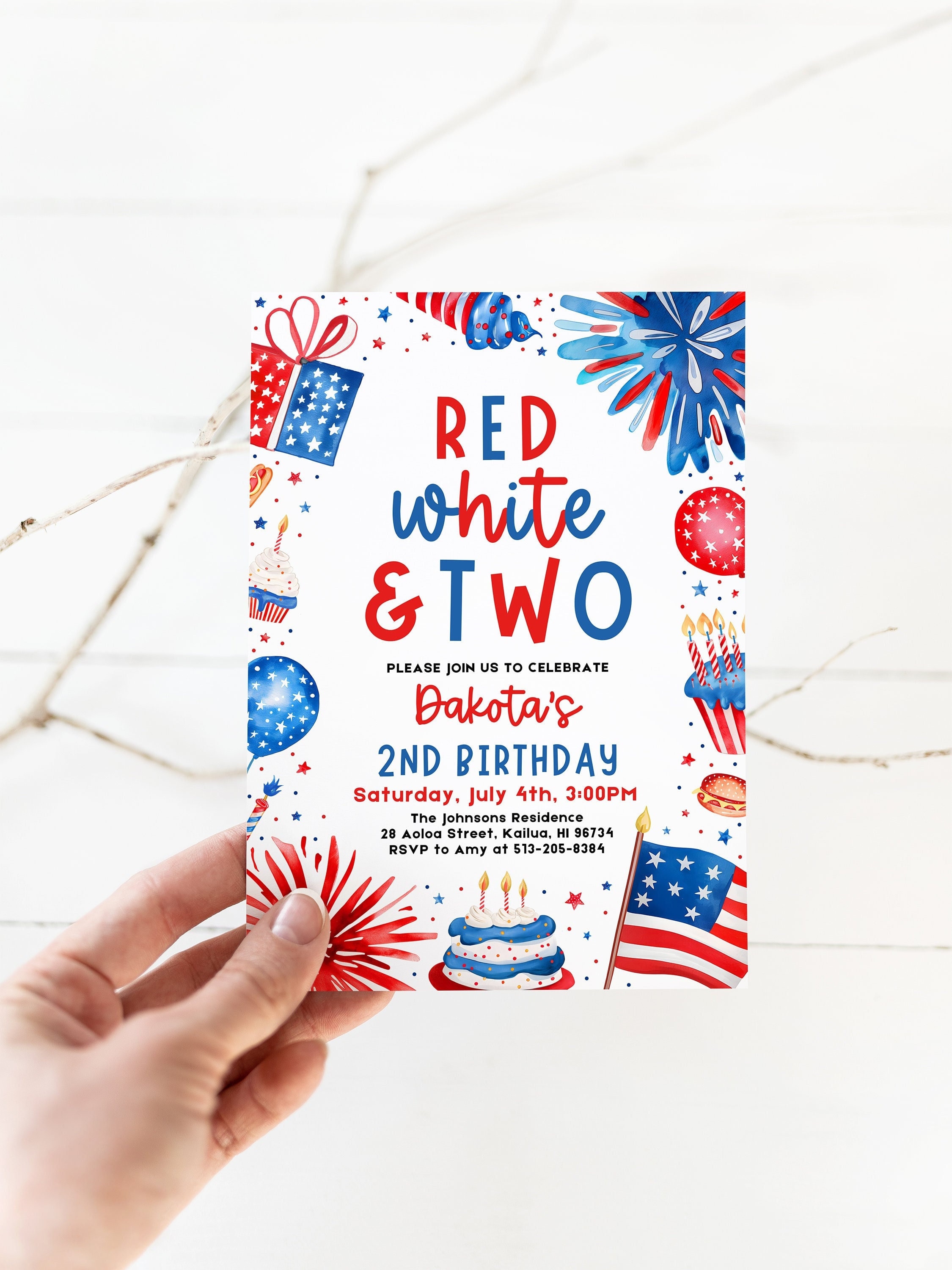 Red White and Two Birthday Invitation, 4th of July 2nd Birthday Party Invitation, Independence Day Patriotic Fourth of July Birthday LF1