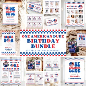 One American Dude Birthday Invitation Bundle, 4th Of July 1st Birthday Party Bundle, Groovy Smiley Patriotic Independence Birthday Decor