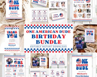 Puede incluir: Un paquete de fiesta de cumpleaños imprimible con un tema de bandera estadounidense rojo, blanco y azul. El paquete incluye un cartel de bienvenida, etiquetas de agradecimiento, etiquetas de comida, una cápsula del tiempo, una etiqueta de botella de agua y un cartel de primer cumpleaños. El texto en los carteles dice "One American Dude" y "Michael's First Birthday".