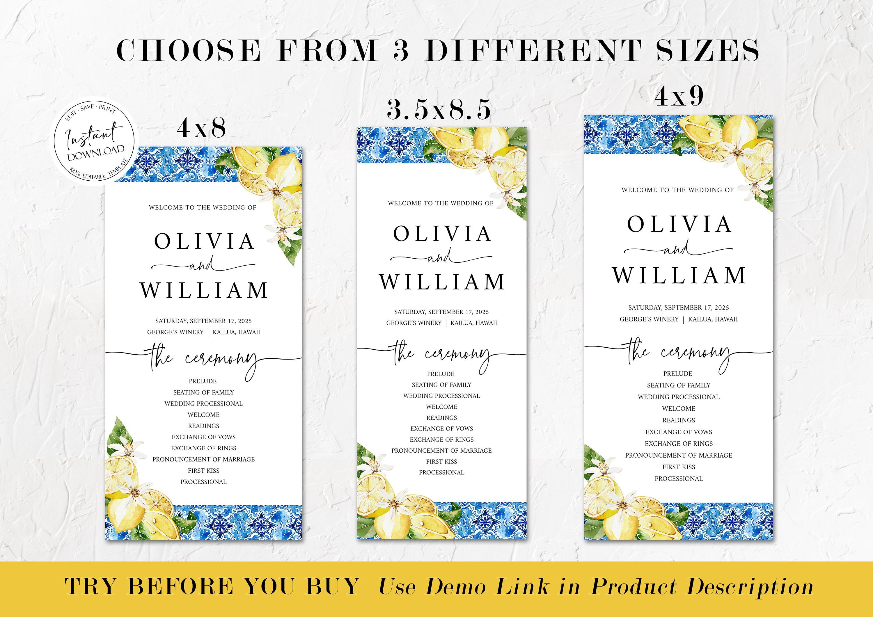 Blue Tiles Lemon Wedding Program Template, Editable Italian ...