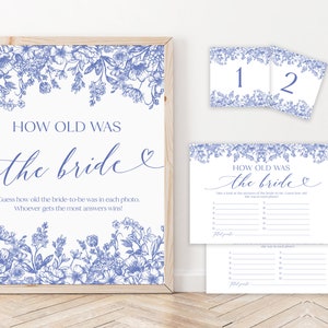 Blaue Blumen, wie alt war die Braut-zu-Be, Victorian Blue Age Guess Karten und Schild Druckbare Blaue Blumen, wie alt war die Braut Spiel B3