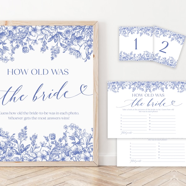 Blue Floral How Old Was the Bride-to-Be, Victorian Blue Age Guess Cards and Sign Printable Blue Vintage Floral How Old Was the Bride Game B3