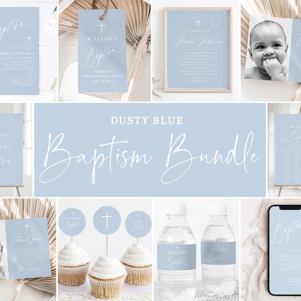 Dusty Blue Baptism Invitation Bundle, Editable Boy Baptême Invitation Bundle Boy Baptism Decor Dusty Blue Baptism Baptism Boy Invitation