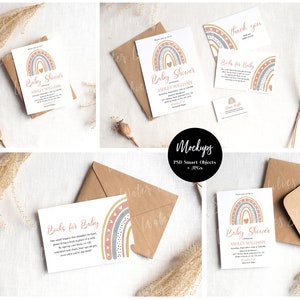 May include: A set of printable baby shower invitations with a rainbow, hearts, and the text "Baby Shower" and "Ashley Williams". The invitations are on a white background with a brown envelope and a thank you card.