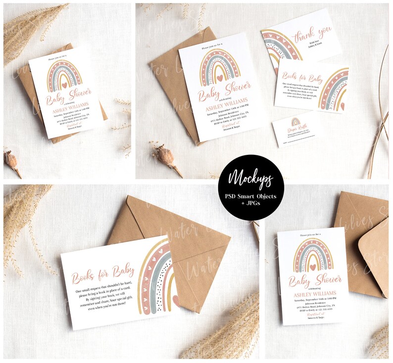 May include: A set of printable baby shower invitations with a rainbow, hearts, and the text "Baby Shower" and "Ashley Williams". The invitations are on a white background with a brown envelope and a thank you card.