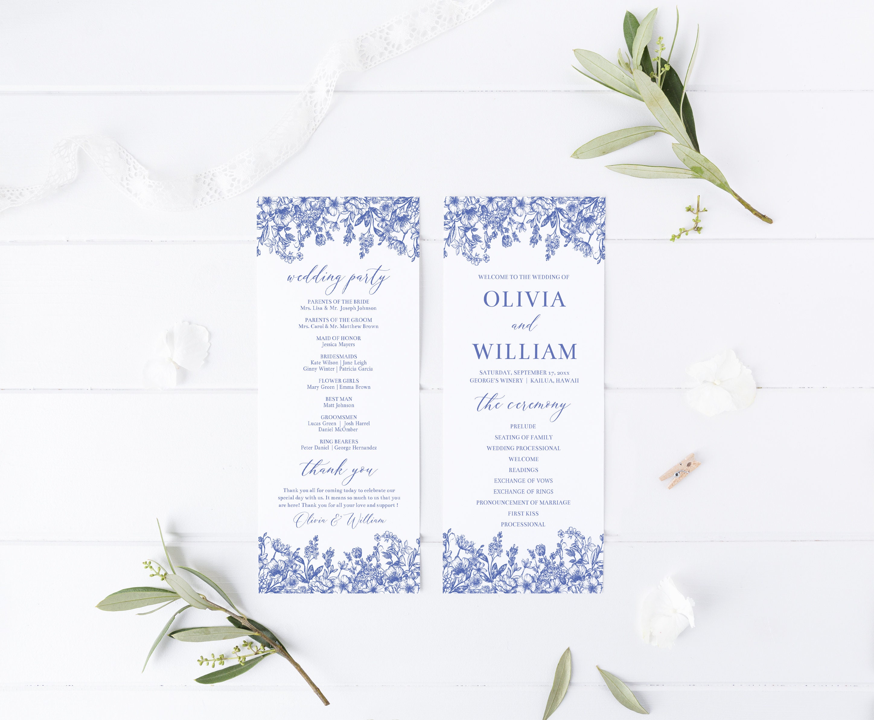 Blue Floral Wedding Program Template Editable Dusty Blue Wedding ...