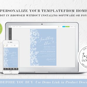 May include: A laptop screen displaying a blue and white wedding invitation template with the text "Something Blue" and floral designs. The text "Edit, Save, Print Instant Download 100% Editable Template" is visible in a circle on the right side of the image.