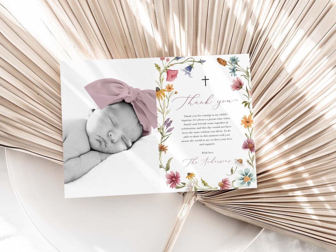 Baptism Thank You Card Template, Girl Wildflower Baptism Photo Thank