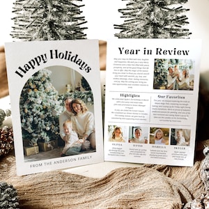 Modern jaaroverzicht kerstkaart, What A Year fotocollage kerstkaart, afdrukbare boog Happy Holidays familiefoto kerstkaart