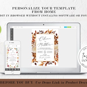 May include: A digital mockup of a wedding invitation template with a watercolor floral design in shades of brown, orange, and white. The text on the invitation reads "Olivia and Matthew". The invitation is displayed on a laptop screen and a mobile phone screen. The text "Edit, Save, Print Instant Download 100% Editable Template" is displayed in a circle on the right side of the image.