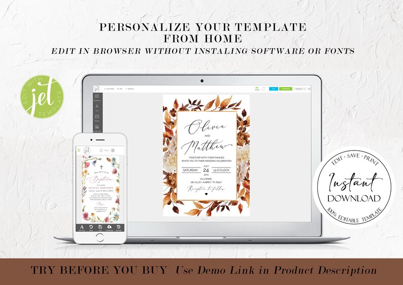 May include: A digital mockup of a wedding invitation template with a watercolor floral design in shades of brown, orange, and white. The text on the invitation reads "Olivia and Matthew". The invitation is displayed on a laptop screen and a mobile phone screen. The text "Edit, Save, Print Instant Download 100% Editable Template" is displayed in a circle on the right side of the image.