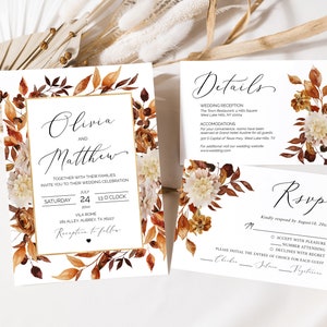 May include: Wedding invitation suite with a floral design featuring fall colors like orange, brown, and cream. The invitation includes the names Olivia and Matthew, the date Saturday, July 24, and the time 1:30 o'clock. The details card includes information about the wedding reception and accommodations. The RSVP card includes a place for guests to indicate their attendance.